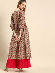Women Beige Calf Length Three-Quarter Sleeves A-Line Floral Printed Cotton Kurta