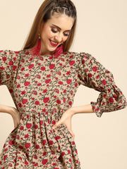 Women Beige Calf Length Three-Quarter Sleeves A-Line Floral Printed Cotton Kurta