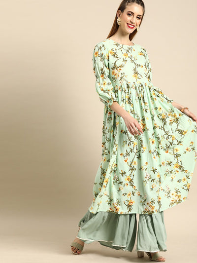 Nayo Women Mint Green Calf Length Three-Quarter Sleeves A-Line Floral Printed Cotton Kurta