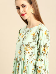 Nayo Women Mint Green Calf Length Three-Quarter Sleeves A-Line Floral Printed Cotton Kurta