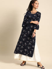 Nayo Women Navy Blue Calf Length Three-Quarter Sleeves Straight Floral Printed Cotton Kurta