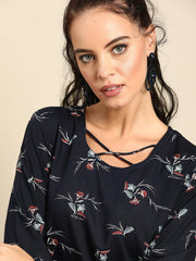 Nayo Women Navy Blue Calf Length Three-Quarter Sleeves Straight Floral Printed Cotton Kurta