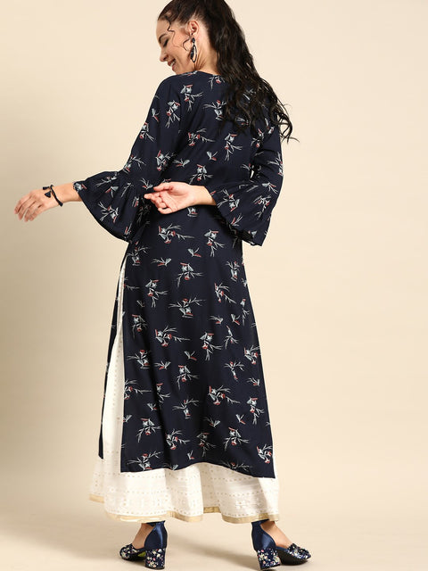 Nayo Women Navy Blue Calf Length Three-Quarter Sleeves Straight Floral Printed Cotton Kurta