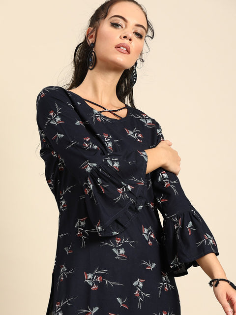 Nayo Women Navy Blue Calf Length Three-Quarter Sleeves Straight Floral Printed Cotton Kurta