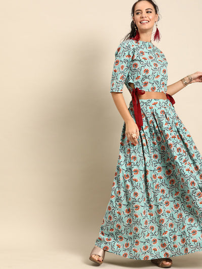 Nayo Women Sage green Pure Cotton Round Neck Crop Top with Skirt