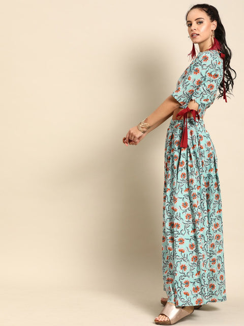 Nayo Women Sage green Pure Cotton Round Neck Crop Top with Skirt