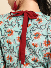 Nayo Women Sage green Pure Cotton Round Neck Crop Top with Skirt