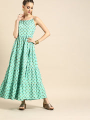 Nayo Women Ice Blue Floral Printed Halter Neck Fit and Flare Dress