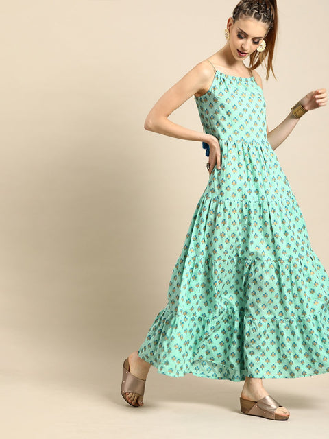 Nayo Women Ice Blue Floral Printed Halter Neck Fit and Flare Dress