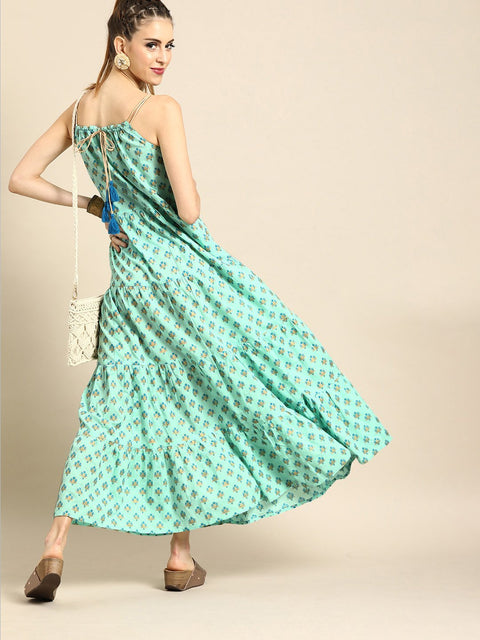 Nayo Women Ice Blue Floral Printed Halter Neck Fit and Flare Dress