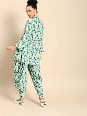 Women Green & White Printed Kurta with Dhoti Pants