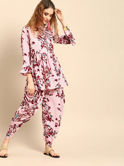Women Pink & Maroon Printed Kurta with Dhoti Pants