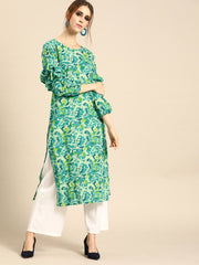 Nayo Women Green Calf Length Long Sleeves Straight Floral Printed Cotton Kurta