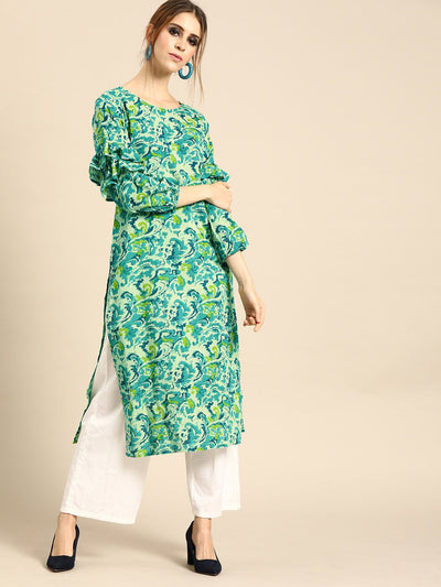 Nayo Women Green Calf Length Long Sleeves Straight Floral Printed Cotton Kurta