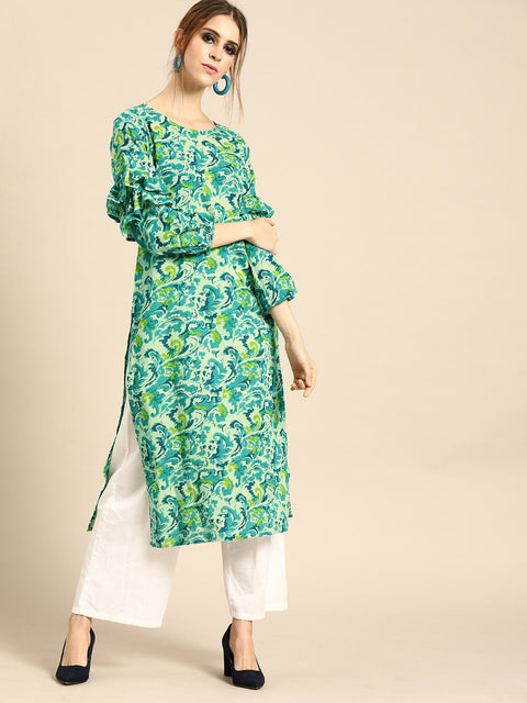 Nayo Women Green Calf Length Long Sleeves Straight Floral Printed Cotton Kurta