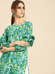 Nayo Women Green Calf Length Long Sleeves Straight Floral Printed Cotton Kurta