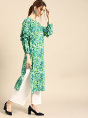 Nayo Women Green Calf Length Long Sleeves Straight Floral Printed Cotton Kurta