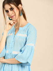 Women Blue & White Solid Kurta with Schiffli Trousers