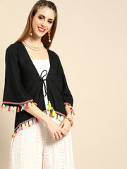 Nayo Women Solid Black Shrug With Tassle and Pom Pom Detail
