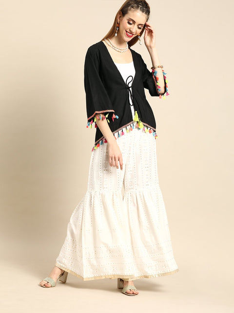 Nayo Women Solid Black Shrug With Tassle and Pom Pom Detail