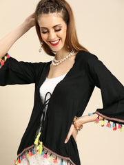Nayo Women Solid Black Shrug With Tassle and Pom Pom Detail