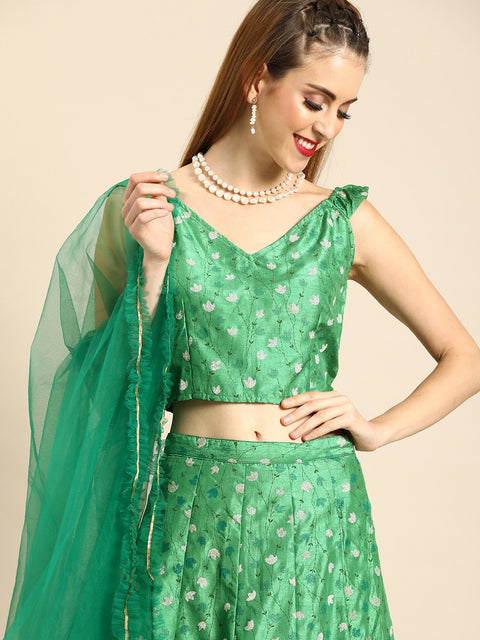 Nayo Women Green Printed Dola Silk Lehenga Choli with Dupatta