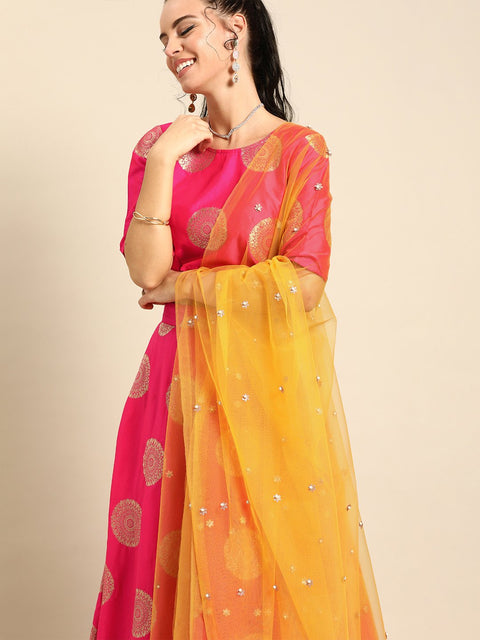 Nayo Women Pink Broked Jaqard Lehenga Choli with Dupatta