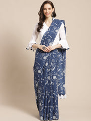 Women White Printed Saree with Solid white 3/4th Sleeve bell sleeve blouse