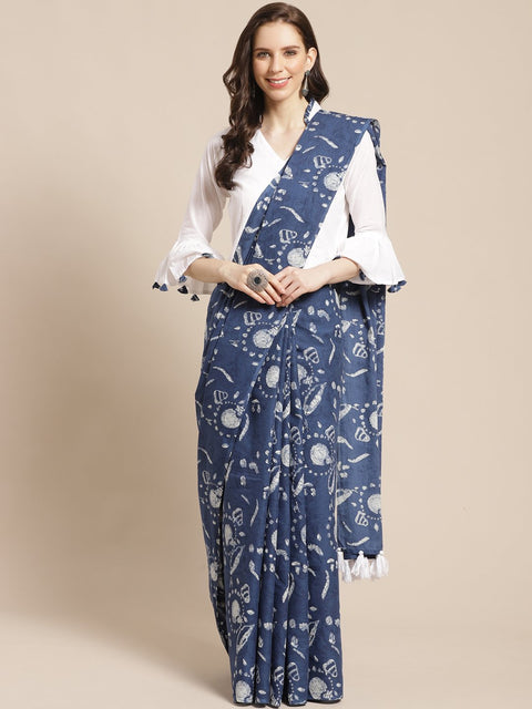 Women White Printed Saree with Solid white 3/4th Sleeve bell sleeve blouse