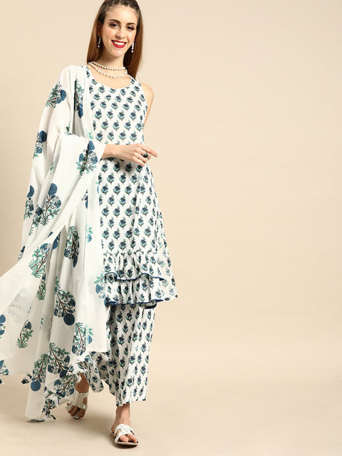 Women White Sleeveless Flared Ruffle kurta with Palazzo