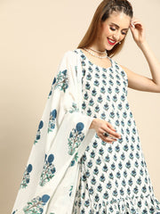 Women White Sleeveless Flared Ruffle kurta with Palazzo