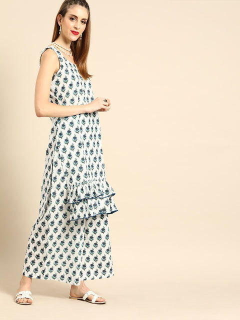 Women White Sleeveless Flared Ruffle kurta with Palazzo