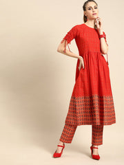 Nayo Women Red Short Sleeves Flared Gathered Kurta With Palazzo