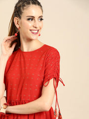 Nayo Women Red Short Sleeves Flared Gathered Kurta With Palazzo