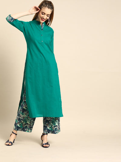Nayo Women Green Three-Quarter Sleeves Straight Straight Kurta with Palazzo