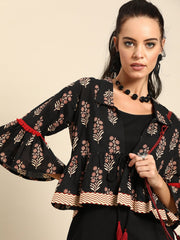 Nayo Women Black Calf Length Three-Quarter Sleeves Straight Floral Printed Cotton Kurta with Jacket