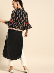 Nayo Women Black Calf Length Three-Quarter Sleeves Straight Floral Printed Cotton Kurta with Jacket
