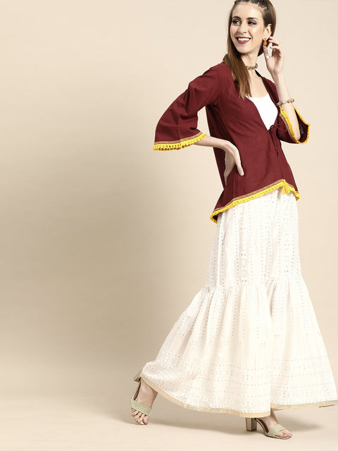 Nayo Women Solid Maroon Shrug With Tassle and Lace Detail