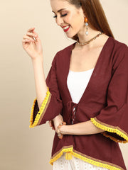 Nayo Women Solid Maroon Shrug With Tassle and Lace Detail