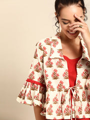 Nayo Women Red Calf Length Three-Quarter Sleeves Straight Floral Printed Cotton Kurta with Jacket