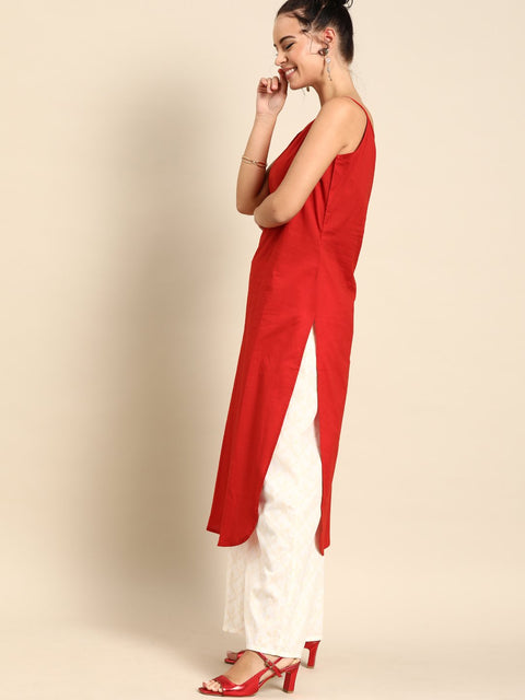 Nayo Women Red Calf Length Three-Quarter Sleeves Straight Floral Printed Cotton Kurta with Jacket