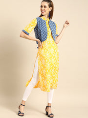 Nayo Women Yellow Calf Length Short Sleeves Straight Ethnic Motifs Printed Cotton Kurta with Jacket
