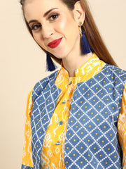 Nayo Women Yellow Calf Length Short Sleeves Straight Ethnic Motifs Printed Cotton Kurta with Jacket