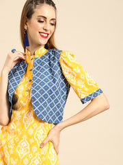 Nayo Women Yellow Calf Length Short Sleeves Straight Ethnic Motifs Printed Cotton Kurta with Jacket