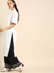 Nayo Women White Calf Length Short Sleeves Straight Solid Cotton Kurta with Jacket