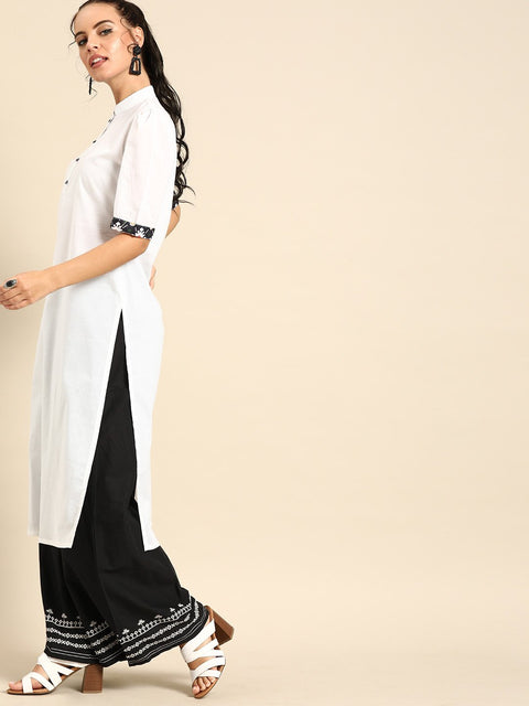 Nayo Women White Calf Length Short Sleeves Straight Solid Cotton Kurta with Jacket