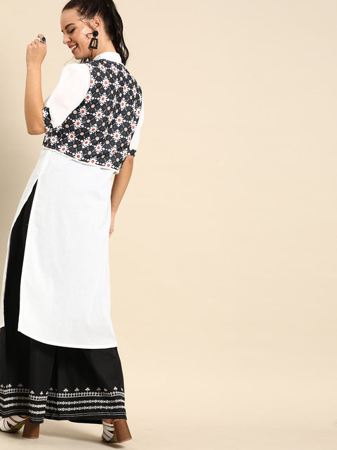 Nayo Women White Calf Length Short Sleeves Straight Solid Cotton Kurta with Jacket