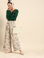 Nayo Women Peach-Coloured  Green Printed Wide Leg Palazzos