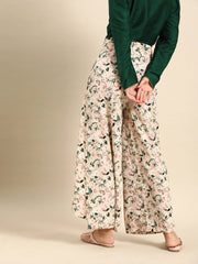 Nayo Women Peach-Coloured  Green Printed Wide Leg Palazzos