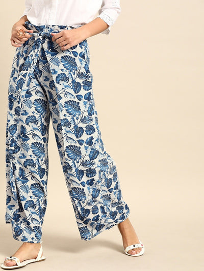 Nayo Women Off-White  Blue Printed Wide Leg Palazzos